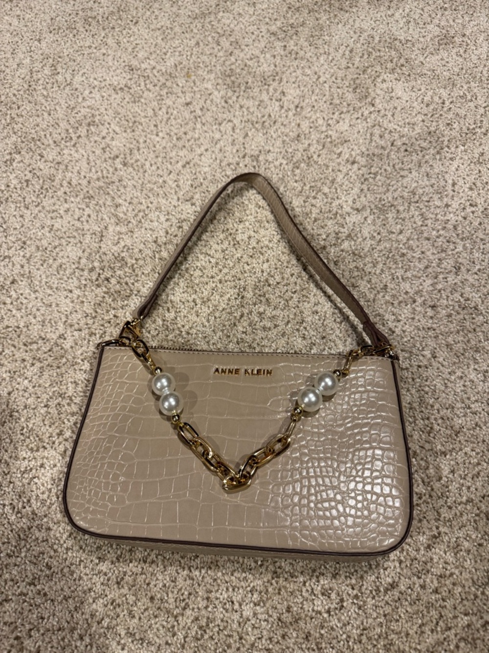 Anne Klein Taupe Croc-Embossed Shoulder Bag with Gold & Pearl Chain